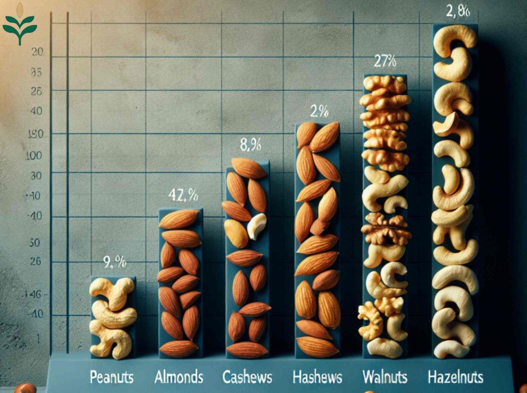 Protein percentage of nuts, almond, pistachio and other kernels