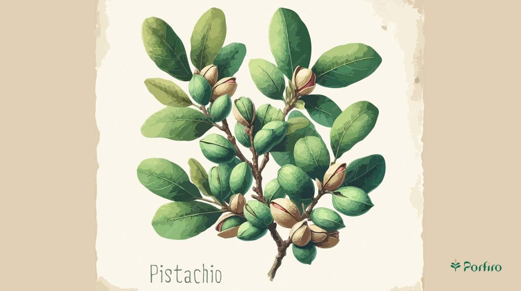 Photo of a pistachio plant branch with leaves and fruit