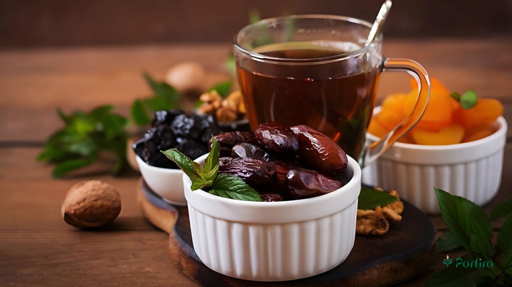 A cup of tea next to a small container of dates and one whole walnut with the skin and one walnut without the skin.