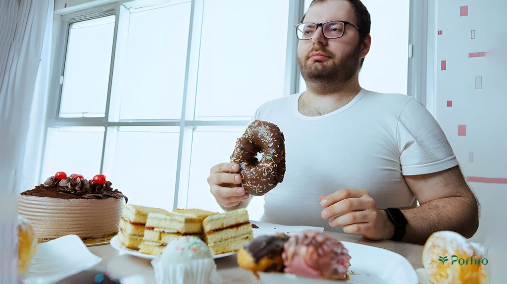 An obese man consuming a variety of carbohydrates