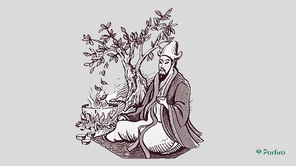 نقاشی امپراطور چین که زیر درخت چای نشسته و باد برگهای چای را داخل ظرف آب جوش مقابل او می اندازد