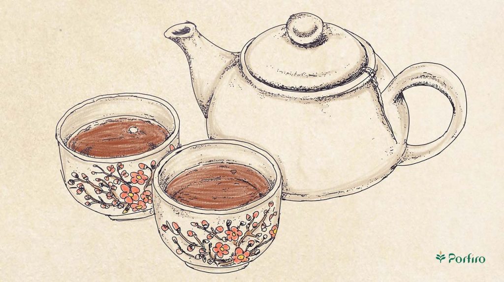 نقاشی یک قوی چینی و دو عدد پیاله حاوی چای