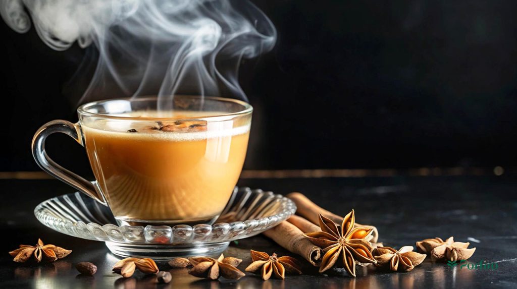 یک فنجان چای یمنی با ادویه های مخصوص به آن که در کنارش دیده میشود