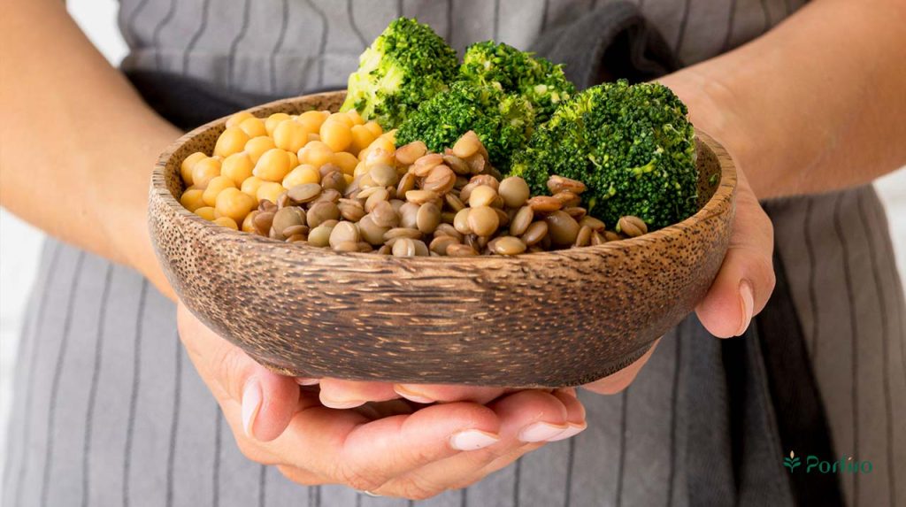 A container full of plant-based protein sources in a woman's hands