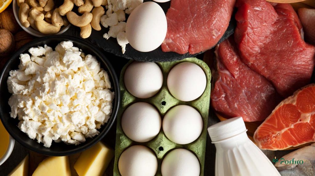 Red meat, fish, cheese, eggs, milk, cashews are protein sources.