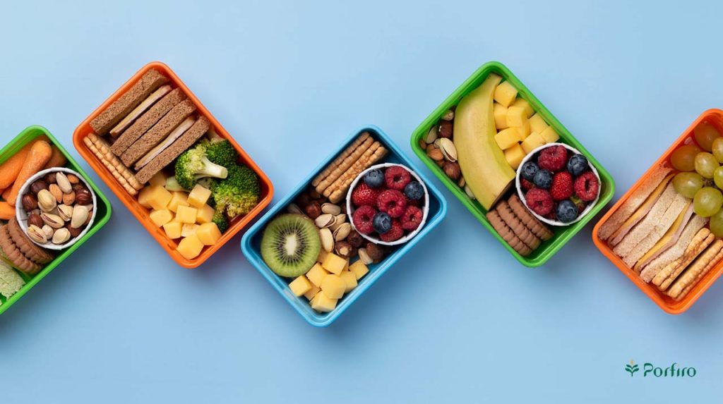 5 food containers containing healthy snacks