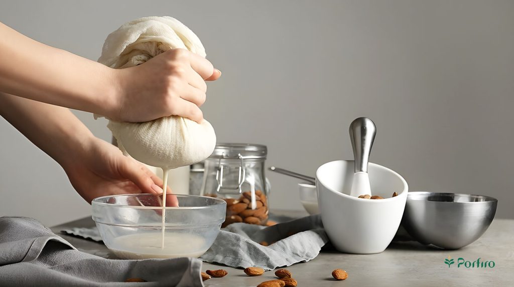 مرحله فشردن کیسه نخی حاوی مخلوط آب و بادام خرد شده برای جدا سازی شیر بادام