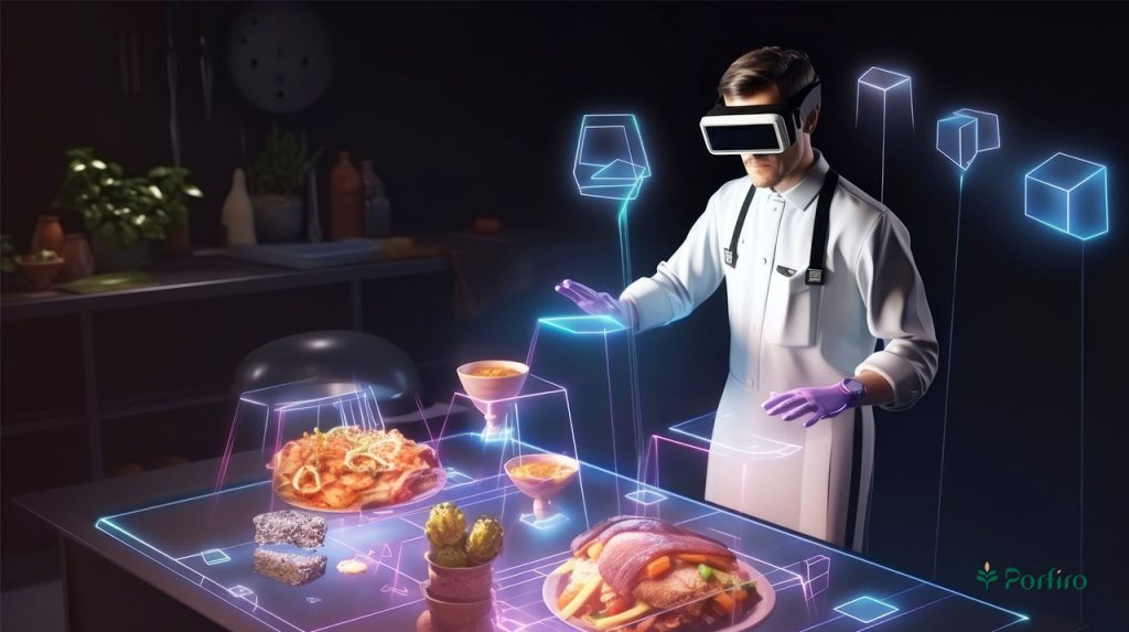 A man wearing 3D glasses mixes ingredients together using their displayed characteristics to prepare a meal.