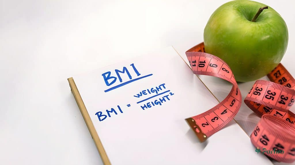 سیب سبز، متر اندازه گیری و فرمول محاسبه BMI که روی یک کاغذ نوشته شده است و در تناسب اندام اهمیت دارد