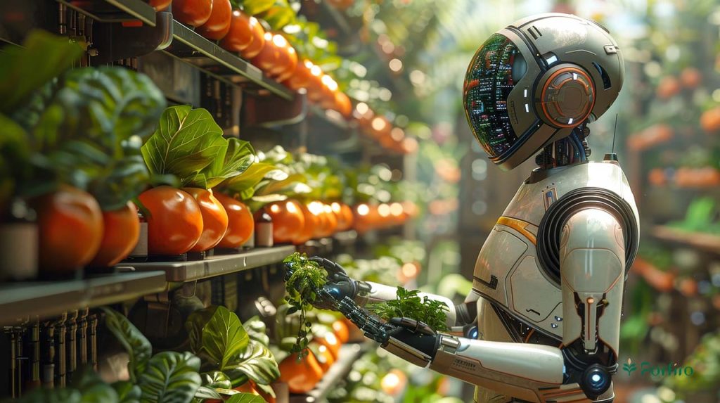 A robot in a greenhouse environment is tending to ripening plants and ripe fruits on the shelves.
