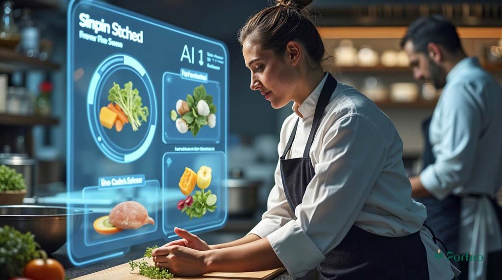 Chef preparing food in the kitchen using artificial intelligence guidance