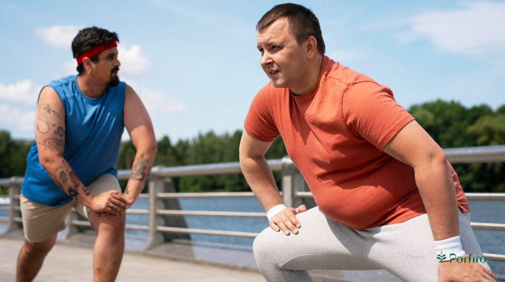 Two fat men exercising