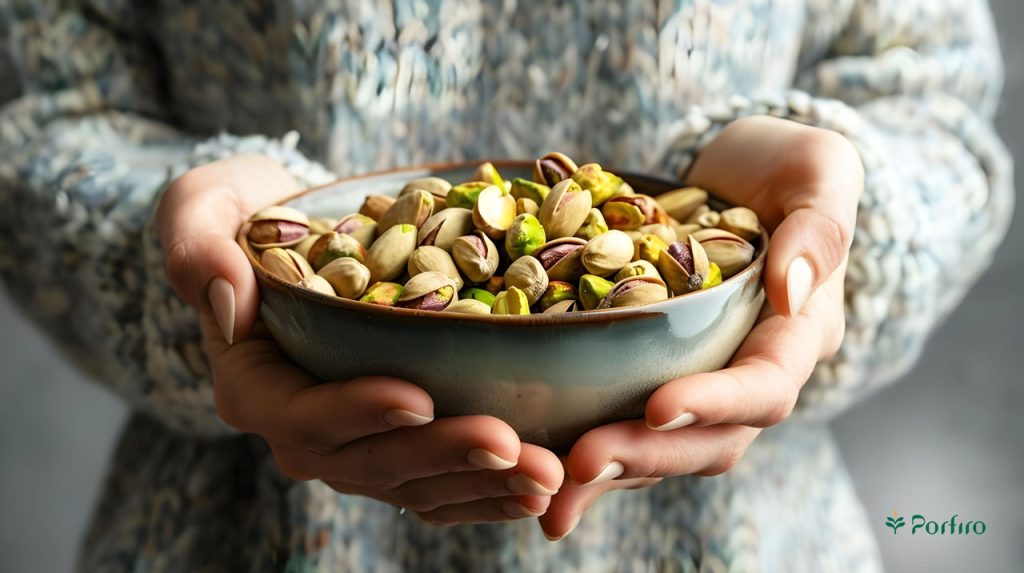 A woman holds a bowl full of pistachios in the article Health Benefits of Nuts
