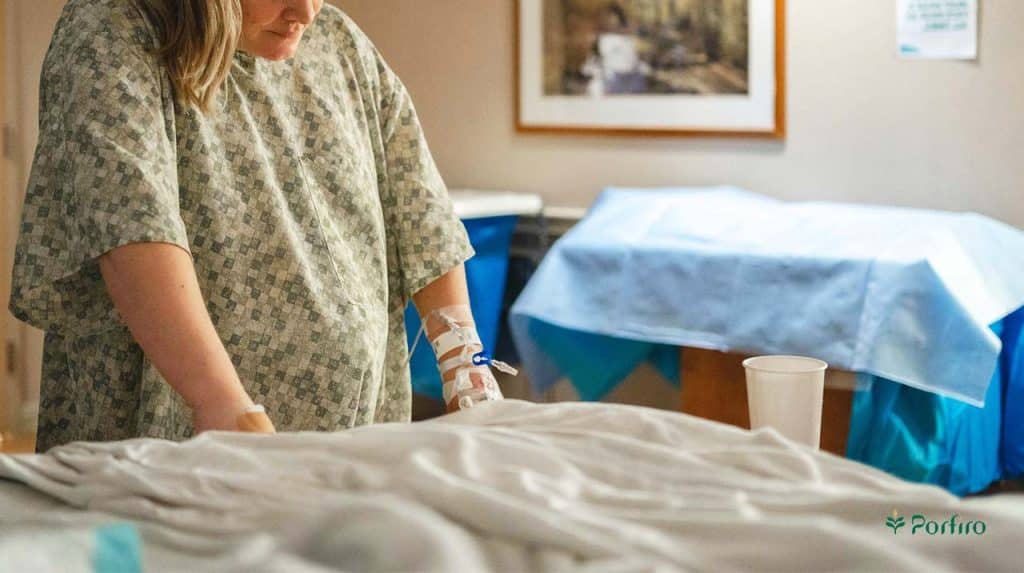 Pregnant woman preparing for childbirth in a hospital setting