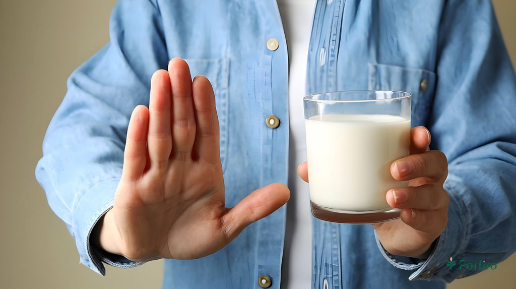 A person holding a glass of milk showing a no-go sign due to milk being an allergen.