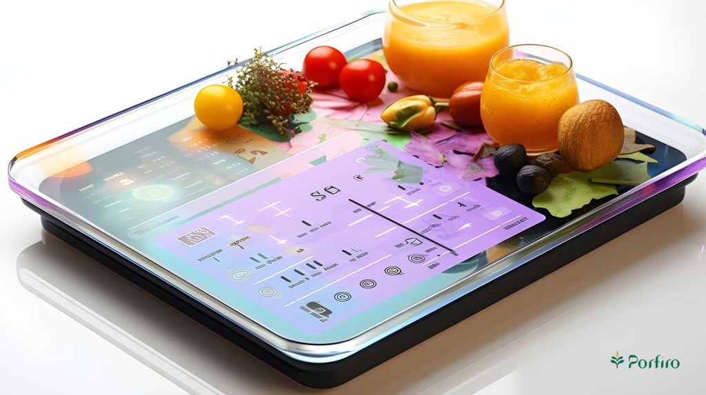 Food items are displayed on a digital screen and their nutritional profile is being analyzed.