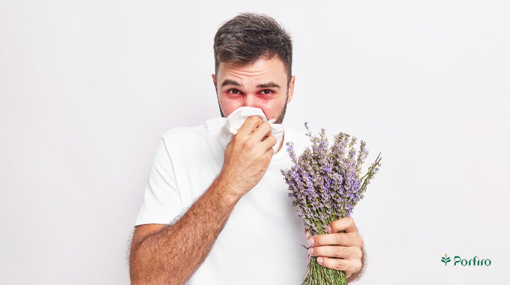 A man holding a bouquet of flowers and showing an allergy to them with a runny nose