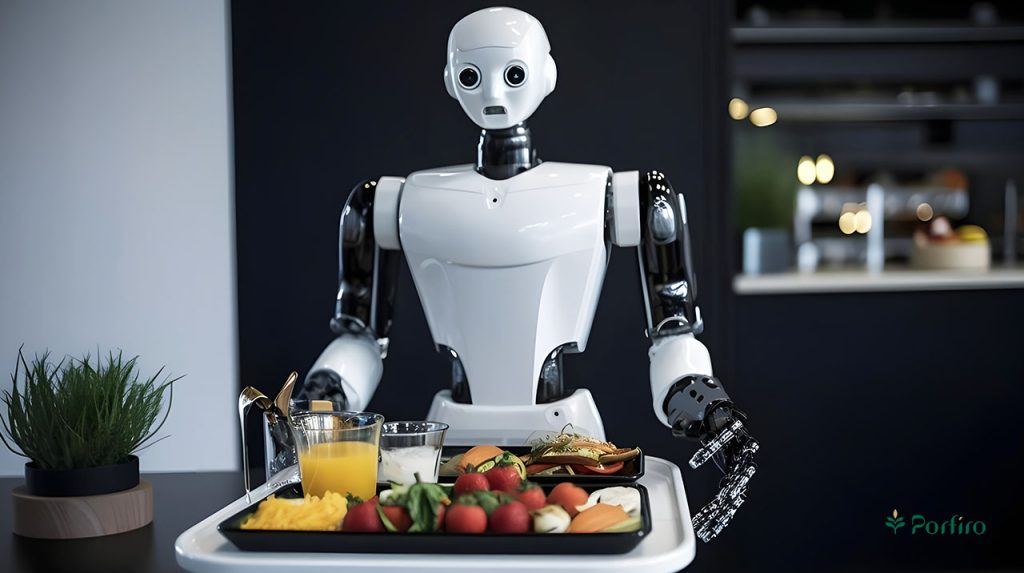 A robot with a tray of food in its hand in a home environment