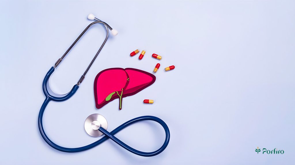 A stethoscope, several capsules, and a graphic image of the liver