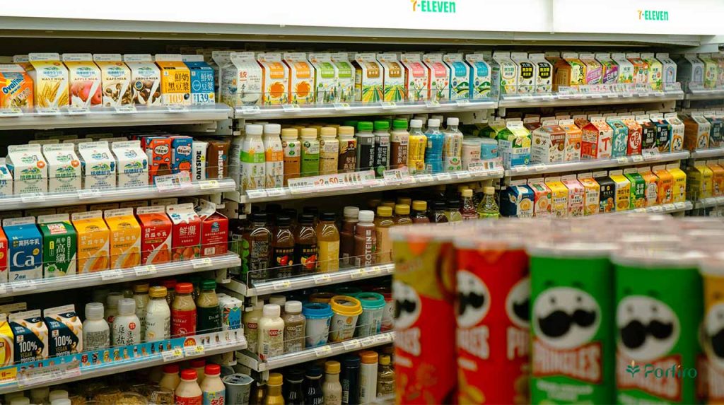 Various products on the shelves of a grocery store