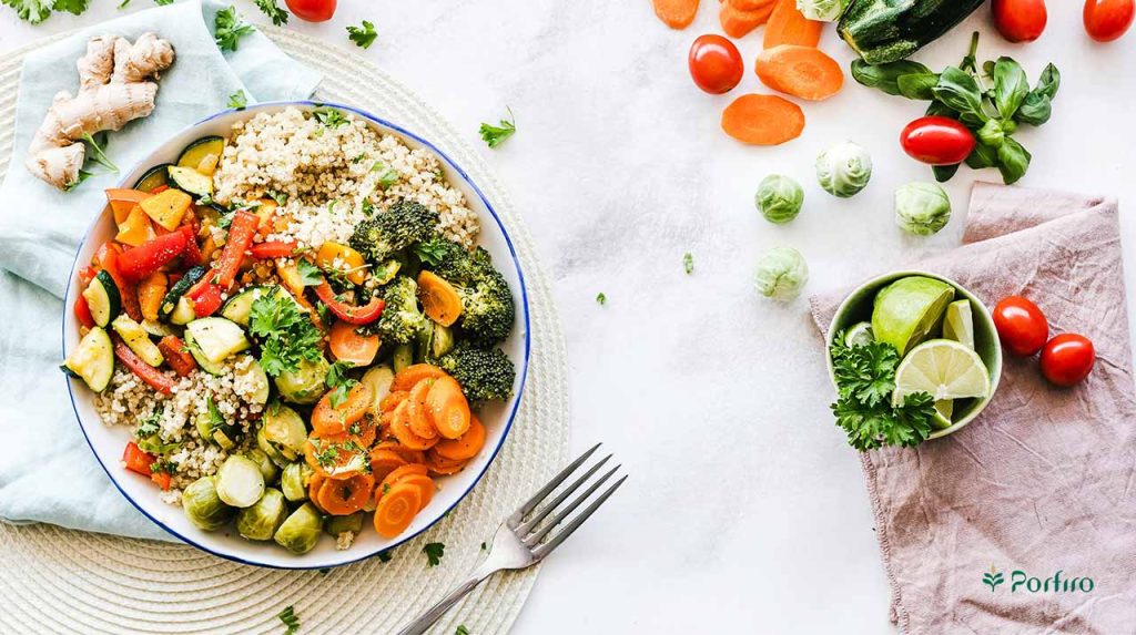 A plate full of healthy and beneficial food to lower blood cholesterol
