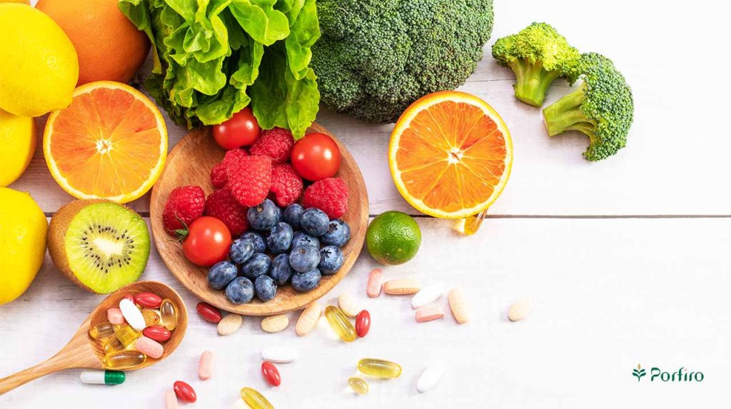 Vitamins from various food sources and pills