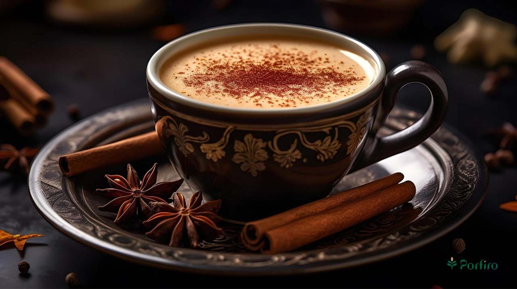 A cup of Yemeni tea with cinnamon sticks and other spices