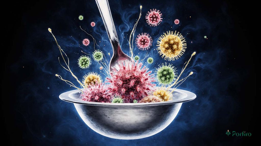 A bowl with a spoon dipped in it, full of bacteria that cause food poisoning.