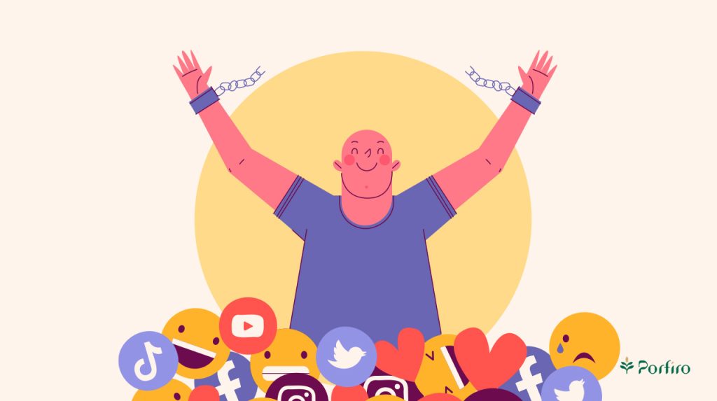 Vector of a man who has escaped the chains of social media and has freed his hands.