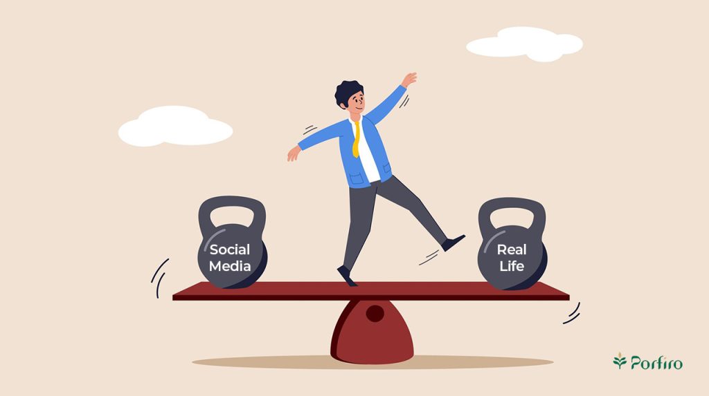 Graphic of a person standing on a seesaw trying to balance the two extremes of social media and real life.