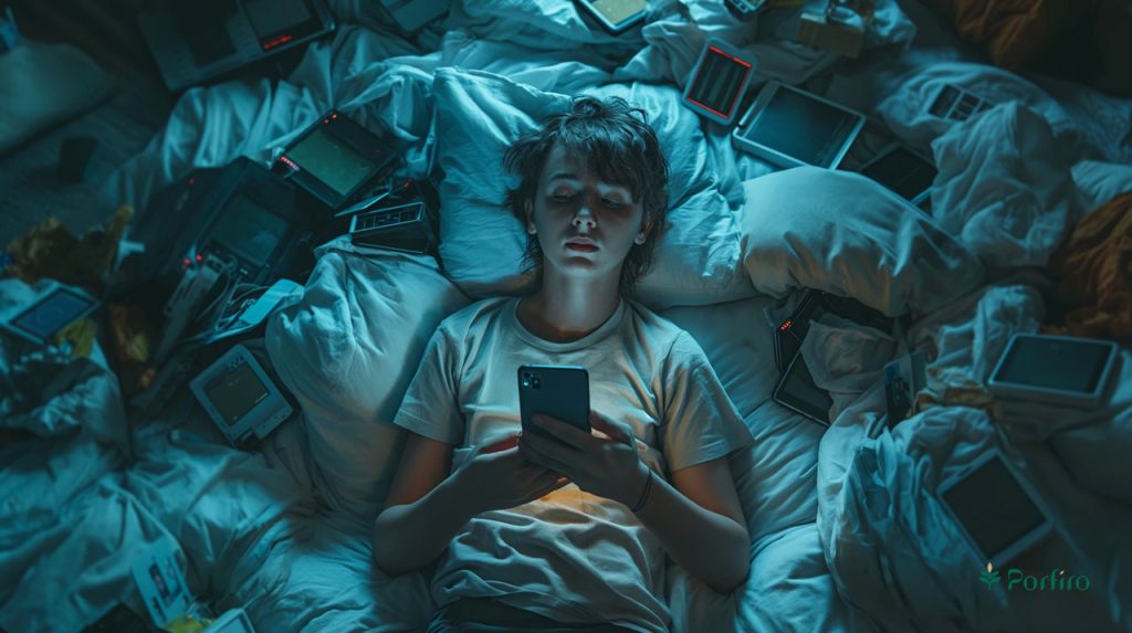 A teenage boy lying in the cramped space of his bed, surrounded by phones and tablets, is seen expressing his addiction to social media.