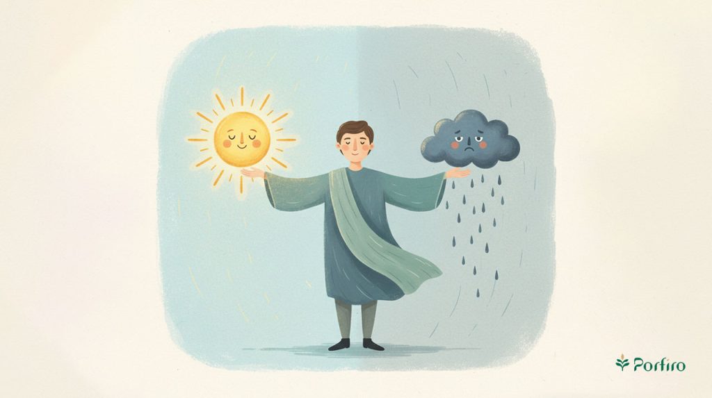 A painting of a man in the middle with a gray, rainy cloud on his right hand and a smiling sun on his left hand to illustrate the benefits of sunlight for mental health in Porfiro's article