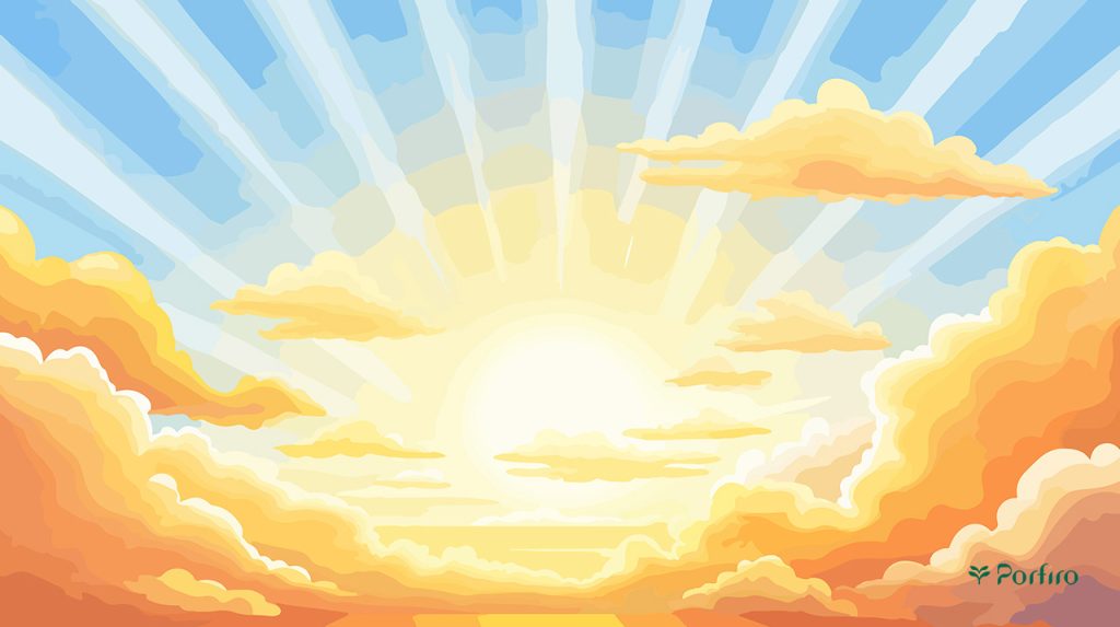 A painting of a sunny sky and the sun next to bright yellow clouds to express the amount of sunlight needed daily to benefit from the benefits of sunlight in the Porfiro article.