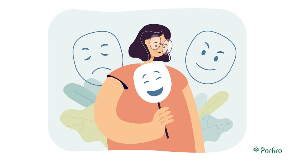 Vector of a woman surrounded by different faces with different moods.