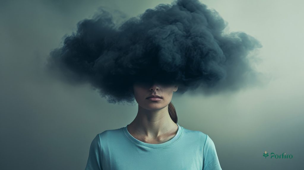 A black cloud covering the woman's head and up to the top of her nose to indicate mental disorders.