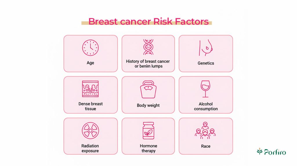 Infographic of breast cancer risk factors for the article Diet and Breast Cancer: 10 Causes and 12 Foods That Help Reduce the Risk from Porfiro Blog