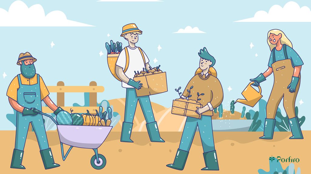 Vector of various farm workers in a farm setting doing different jobs for the International Farm Workers Day article on Porfiro's blog.