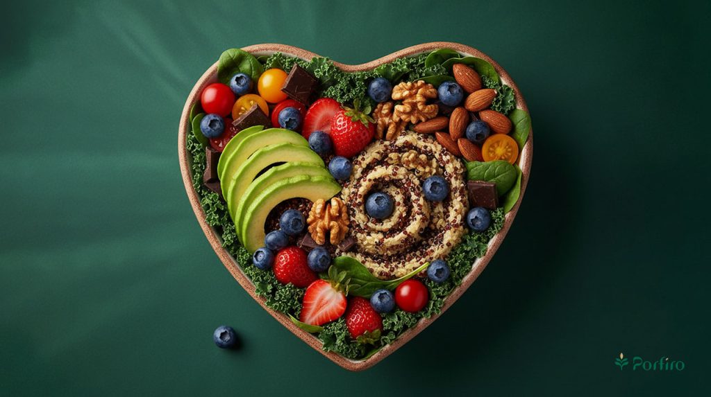 A plate of healthy food to maintain a healthy heart for the article Heart Health and the Foods Suitable for It on the Porfiro blog