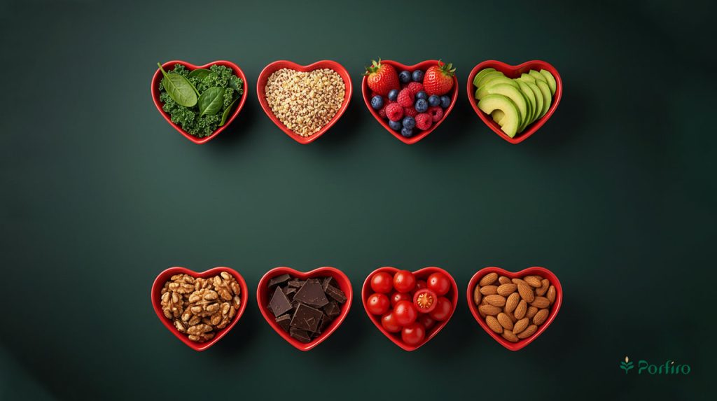 8 Heart-shaped containers full of heart-healthy foods for the article Heart Health and the Foods Suitable for It on Porfiro's blog