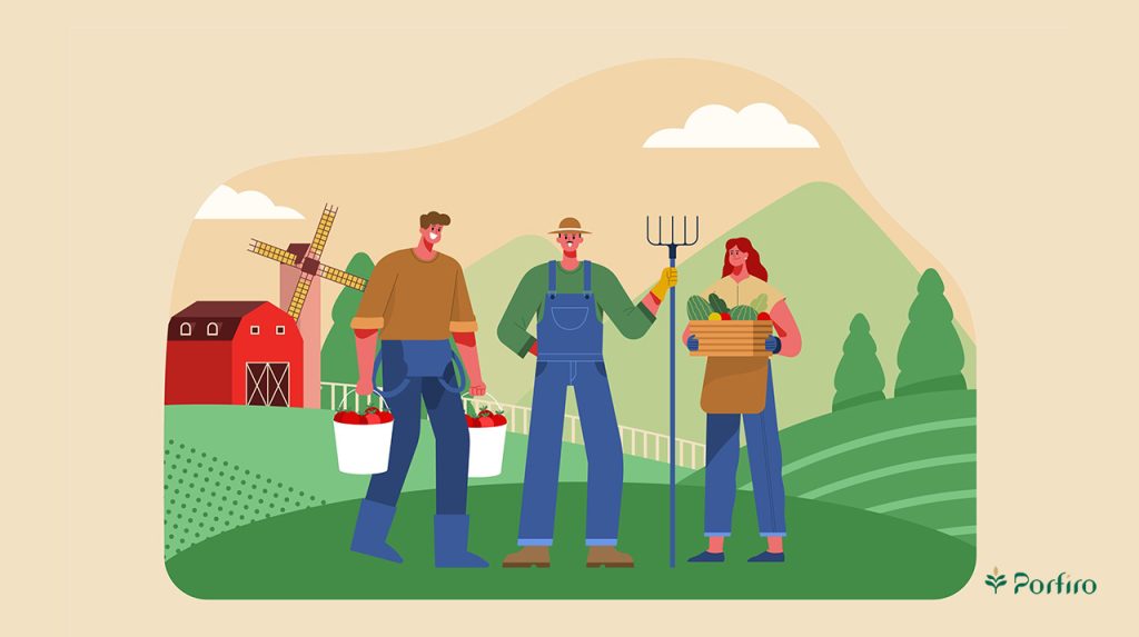 Vector of farm workers in a farm setting for the article World Farm Workers Day on Porfiro's blog