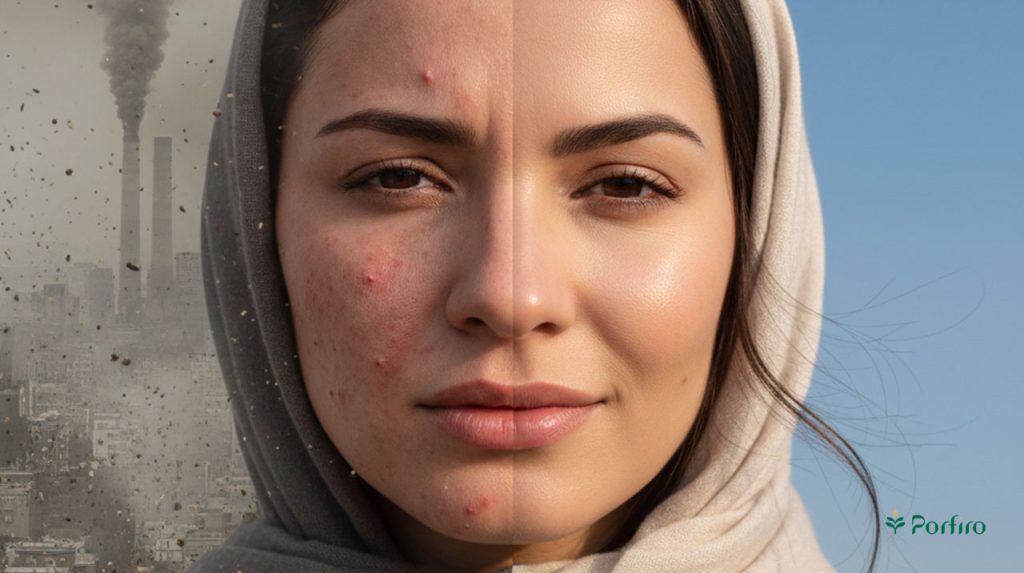 خانم جوان و زیبایی که یک سمت صورتش سالم و درخشان و سمت دیگر دچار عارضه های ناشی از آلودگی هوا شده است