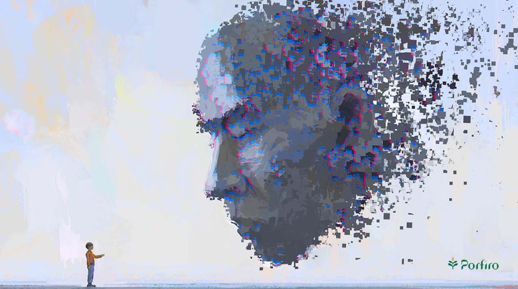 Graphic illustration of a large AI in the shape of a human head with a child standing in front of it and interacting with it for the article AI in Mental Health: How it Improves Care