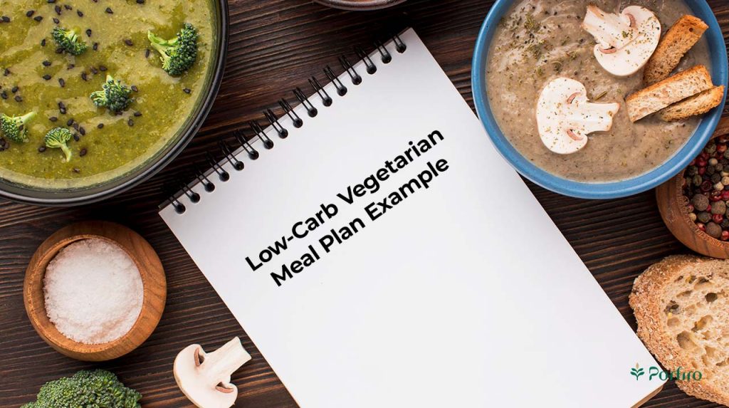 How to eat fewer carbs as a vegetarian or vegan, which is on a notebook in the middle and surrounded by healthy plant-based foods, for the article Vegetarian Diet: A Beginner’s Guide and Meal Plan on the Porfiro blog.