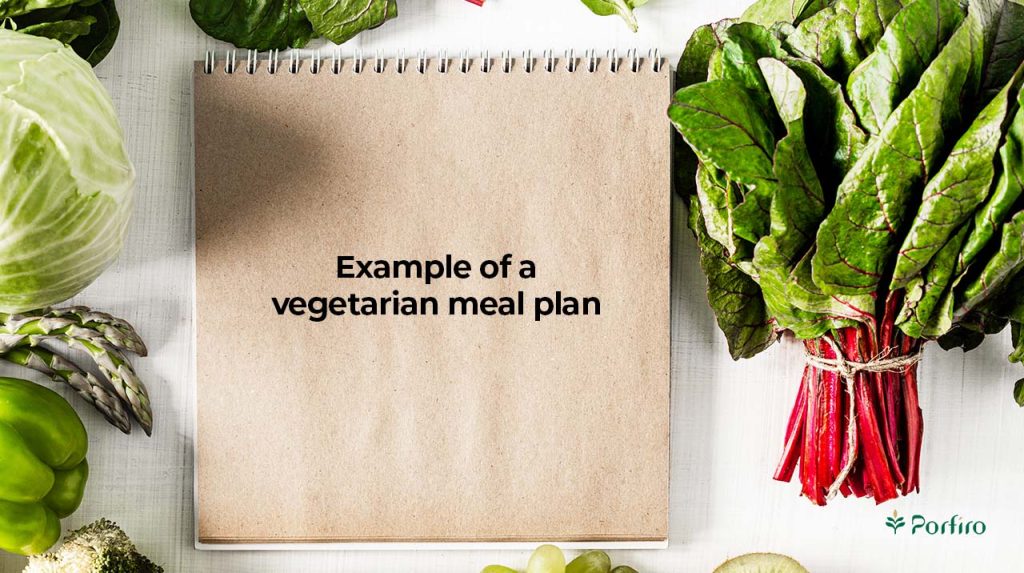 Sample Vegetarian Meal Plan on a notebook in the middle, surrounded by healthy vegetarian foods, for the article Vegetarian Diet: A Beginner’s Guide and Meal Plan on Porfiro’s blog