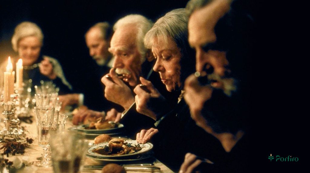 A magnificent table setting with candles and flowers in a Food in Movies scene, analyzing the significance and symbolism of food in motion pictures in family dramas.